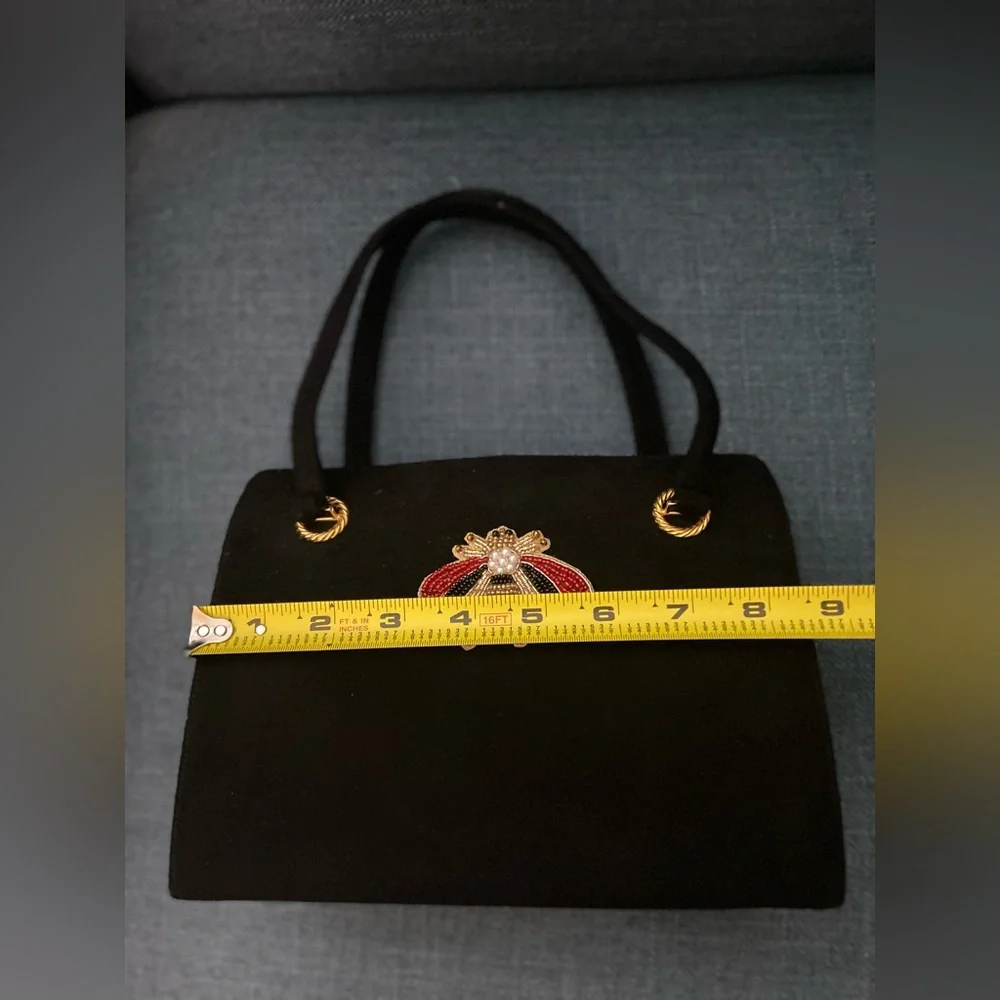 Vintage 2 Pieces Black Suede Leather Top Handle Handbag Gold Hardware Bee Accent - Picture 12 of 16